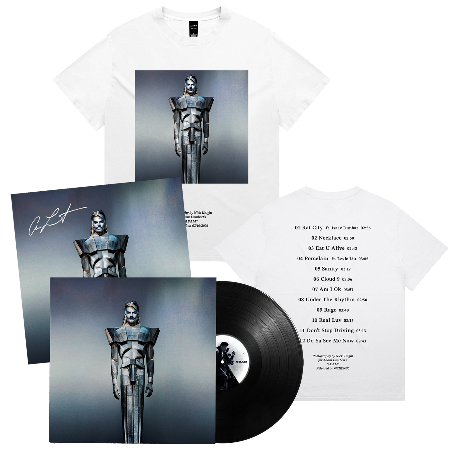 ADAM Statue Photo Tee (White) + SIGNED Vinyl Bundle